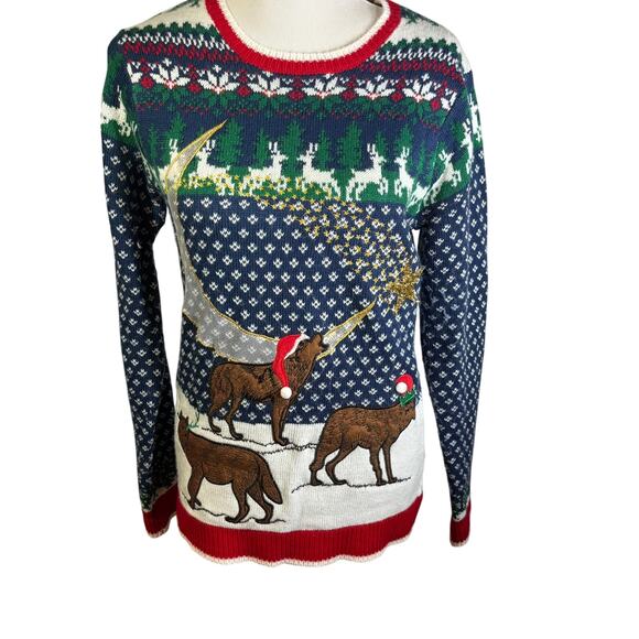 Holiday Time Ugly Christmas Sweater Men's Small S  Wolves in Christmas hats - Picture 1 of 6